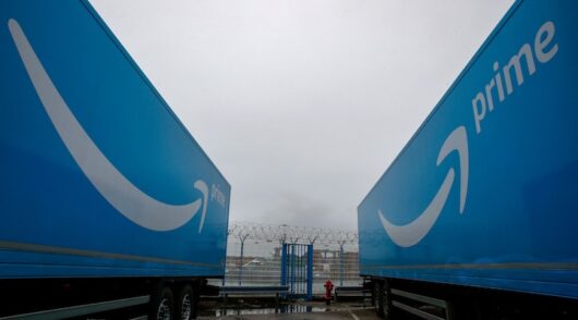 Amazon trailer trucks are seen at Cherbourg Harbour, France