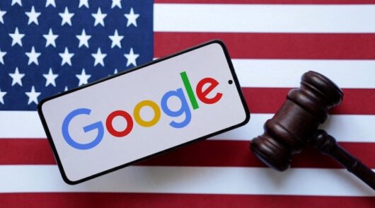 Google Chrome logo against US flag and court gavel