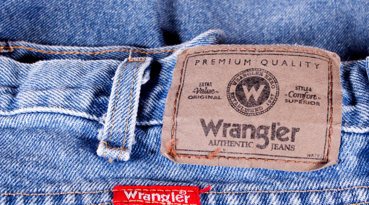 Wrangler denim jeans close-up, showing label