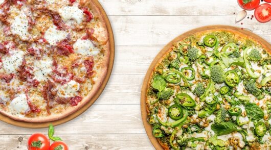 Two pizzas from restaurant chain Fresh Brothers Pizza