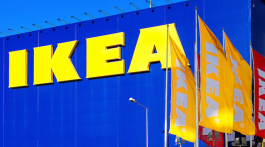 The exterior of an Ikea store in Russia showing the company's logo