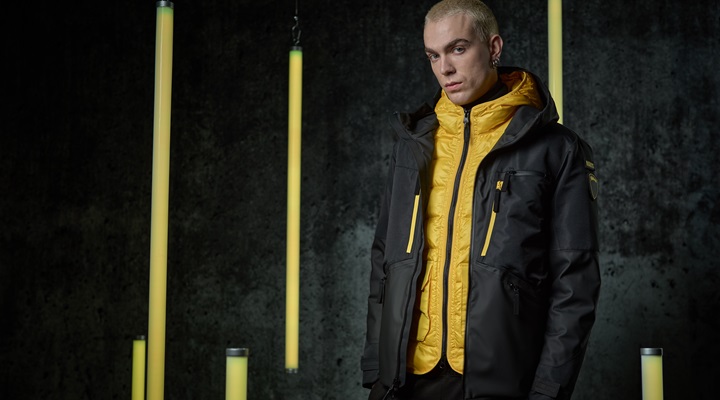 male model wearing Blauer X Pirelli outerwear