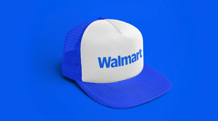 A blue cap with a logo of Walmart