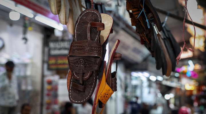 'Kolhapuri' sandals, an Indian ethnic footwear, are on display at a store in New Delhi.