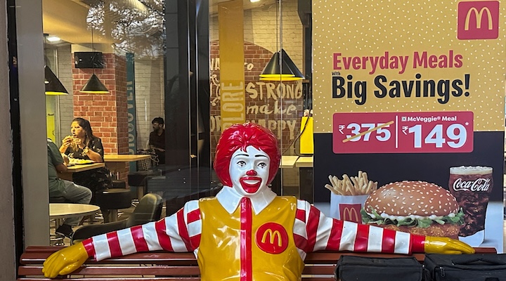 A statue of Ronald McDonald, a mascot of the McDonald's fast-food restaurant chain is seen outside the restaurant in Mumbai