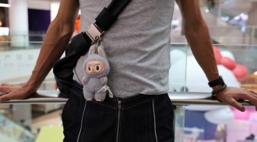 A person carries a Pop Mart toy