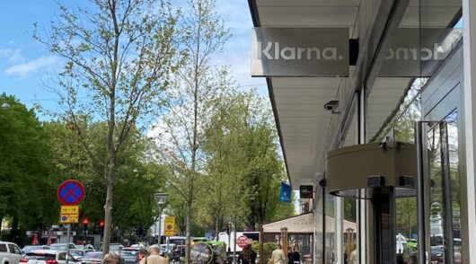 A sign is pictured at the entrance of Klarna's headquarters in Stockholm