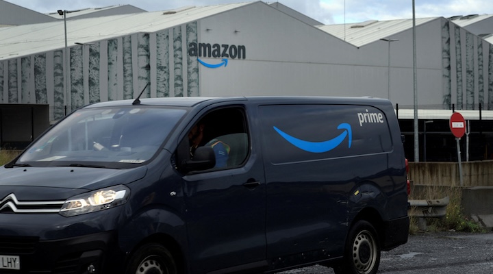 A van with the logo for Amazon Prime