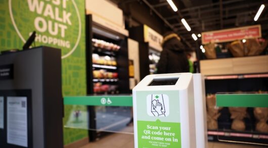 QR code device at the entrance of the UK's first Amazon Fresh supermarket