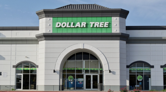 An exterior shot of a Dollar Tree store against the background of a bright blue sky.