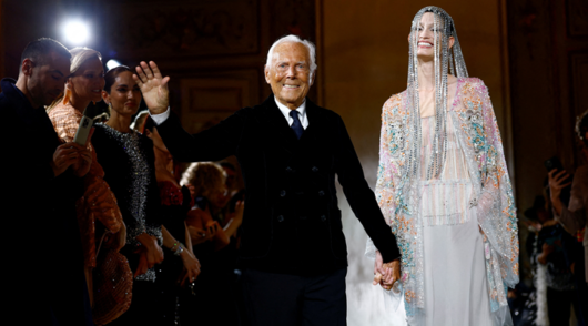 Designer Giorgio Armani appears at the end of his Haute Couture Spring/Summer 2025 collection show for Giorgio Armani Prive in Paris, France, January 28, 2025.