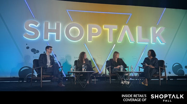 [Left to right] Bennett Fox-Glassman, Macy’s SVP of customer journey, Sara Kleinma, Ruggable’s North American general manager and Primark US’s head of marketing sitting next to Tara Paxton, the founder and CEO of Huemanize on the Shoptalk Fall stage.