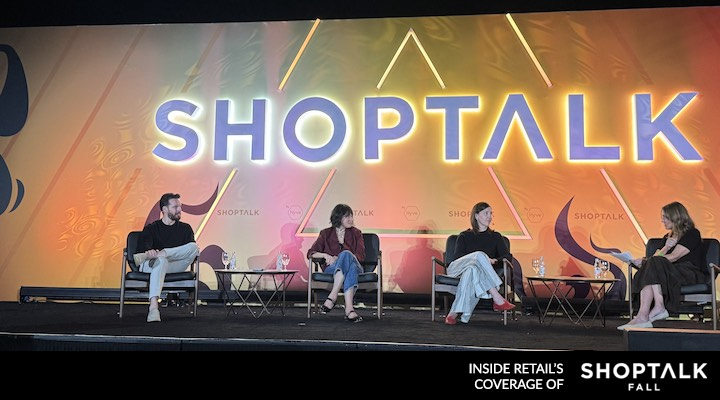 Christopher Carl, AliExpress’ US head of marketing, US, AliExpress, Denise Cherry, Rivian’s VP of marketing and brand experience, Rivian and Jenica Myszkowski, Camp’s president and CEO, sitting next to Emily Miller, SVP of strategy and insight, JLL Design, on stage at Shoptalk Fall 2025.