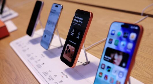 The iPhone 17 series stands on display at the Apple Store