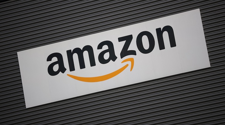 Amazon logo outside an Amazon warehouse