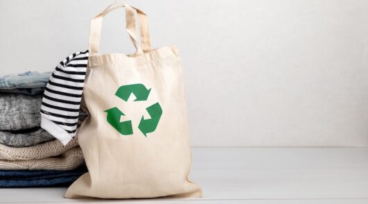 Second hand wardrobe idea. Circular fashion, eco friendly sustainable shopping, thrifting shop concept. Woman outfit.