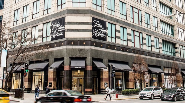 An exterior shot of a Saks Fifth Avenue storefront in Chicago, Illinois.