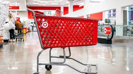 A close-up of a Target shopping cart in store.