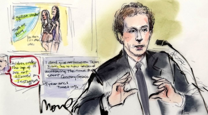 Meta Platforms CEO Mark Zuckerberg testifies at the Los Angeles Superior Court trial.