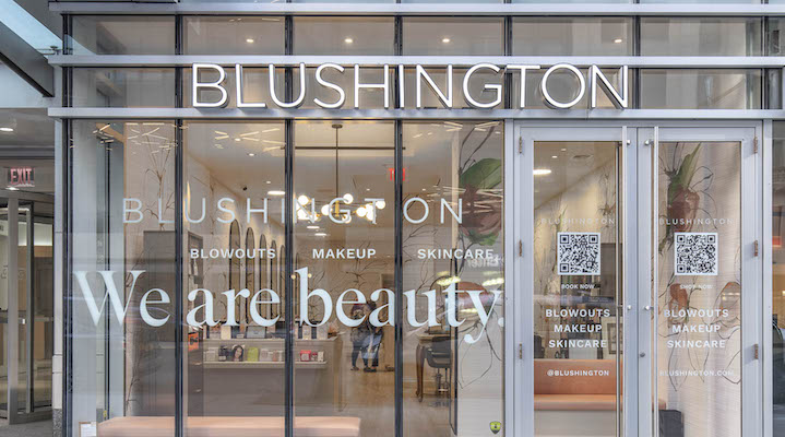 An exterior shot of a Blushington storefront in New York City.