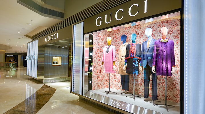 An exterior shot of a Gucci storefront in Hong Kong.