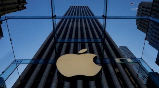 The Apple logo is seen during the preview of the redesigned and reimagined Apple Fifth Avenue store in New York