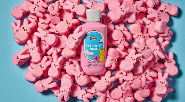 A Bath & Body Works product lying atop several pink Peeps.
