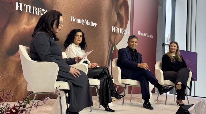 (Left to right) Janna Mandell, BeautyMatter’s senior editor, leading retail executives, Rina Yashayeva, Front Row’s SVP of brand strategy, Reuben Carranza, Banks Beauty’s executive chairman and Genevieve Head-Gordon, Ouai’s VP of digital.
