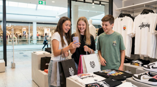 Several Gen Alpha consumers standing inside of a store.