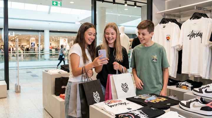Several Gen Alpha consumers standing inside of a store.