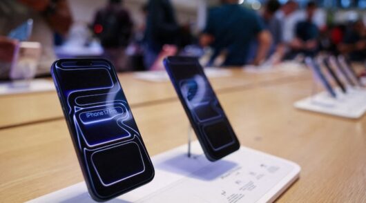 The iPhone 17 series stand on display at the Apple Store in New York City