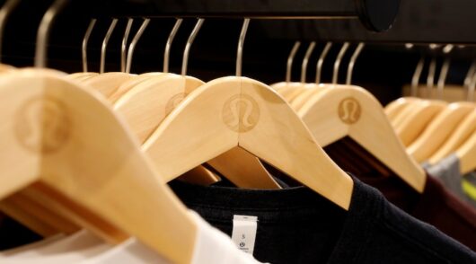 Clothes are displayed in a Lululemon retail store in New York