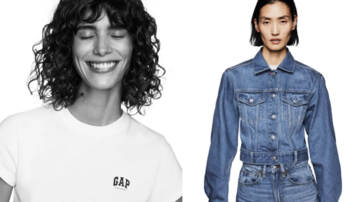 Two female models sporting pieces from the Victoria Beckham x Gap collaboration collection.