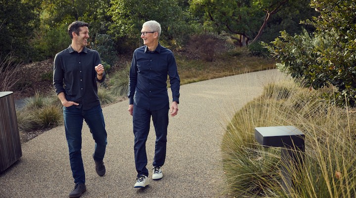 [Left to right] Incoming Apple CEO John Ternus walking alongside current Apple CEO Tim Cook.