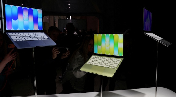 Apple's new entry-level Mac laptop, the MacBook Neo is on display during an event in New York City
