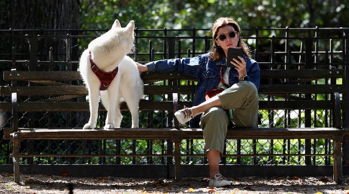 A woman reads on an Amazon Kindle in New York City