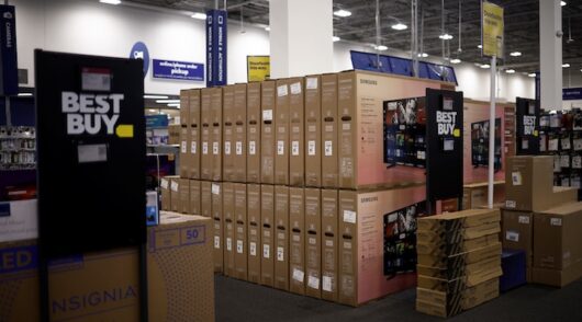 Televisions are staked at a Best Buy store ahead of Black Friday in Arlington