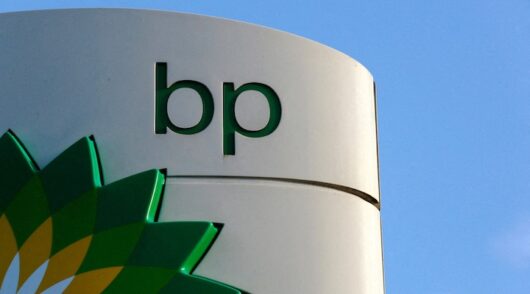 A BP logo is seen at a petrol station in London, Britain