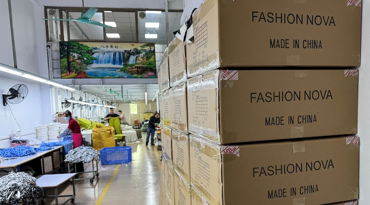 Boxes of clothing for export are pictured at a clothing factory in Guangzhou, Guangdong province