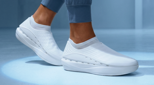 A white pair of Stand+ shoes against a light blue background.