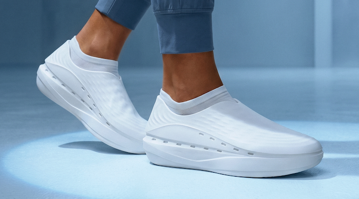 A white pair of Stand+ shoes against a light blue background.