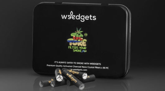 A close-up shot of a Weegets filter product against a black background.