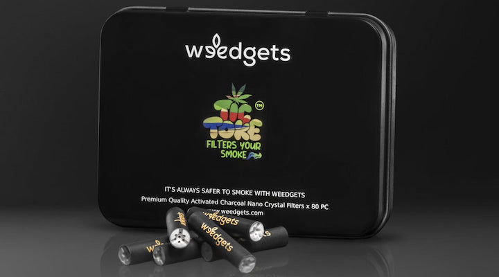A close-up shot of a Weegets filter product against a black background.