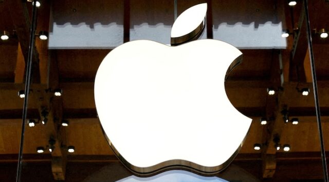 View of an Apple logo at an Apple store