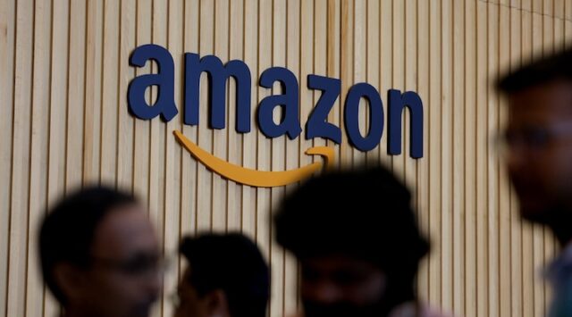 The Amazon logo is seen at its newly inaugurated office in Bengaluru