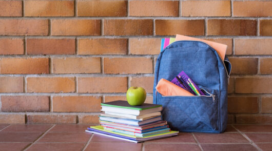 A backpack and books set against a brick wall.