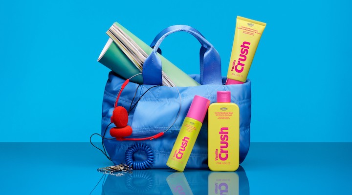 Several SKUs from Old Navy Beauty Co. in a tote bag set against a blue background.