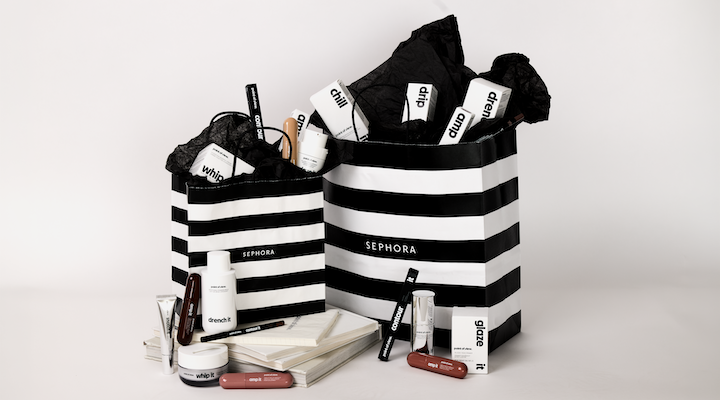 Multiple POV Beauty items inside several Sephora bags.