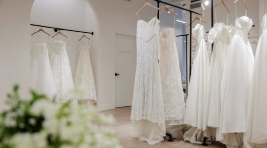 Wedding dresses on display.