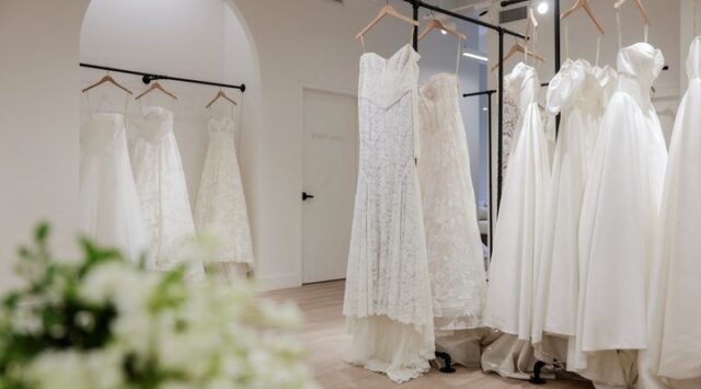 Wedding dresses on display.
